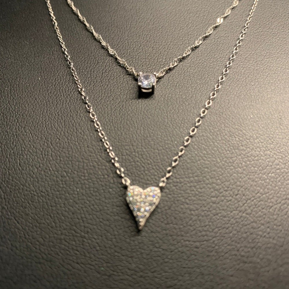 Silver Tone Layered Heart and Solitaire Cubic Zirconia Necklace Set 16-18 Inch